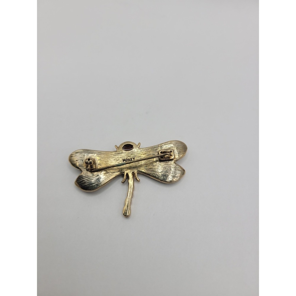 Vintage Monet Dragonfly Brooch Gold Tone Amber Rhinestone Insect Figural Pin Sig - Picture 10 of 12
